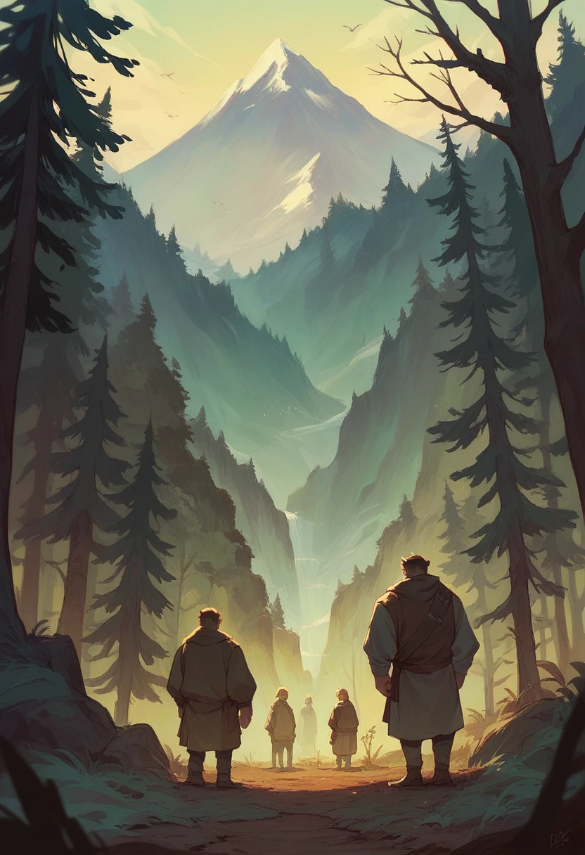Night time and 7 people are standing in the Forest which have mountain also and looking dangerous and creepy 