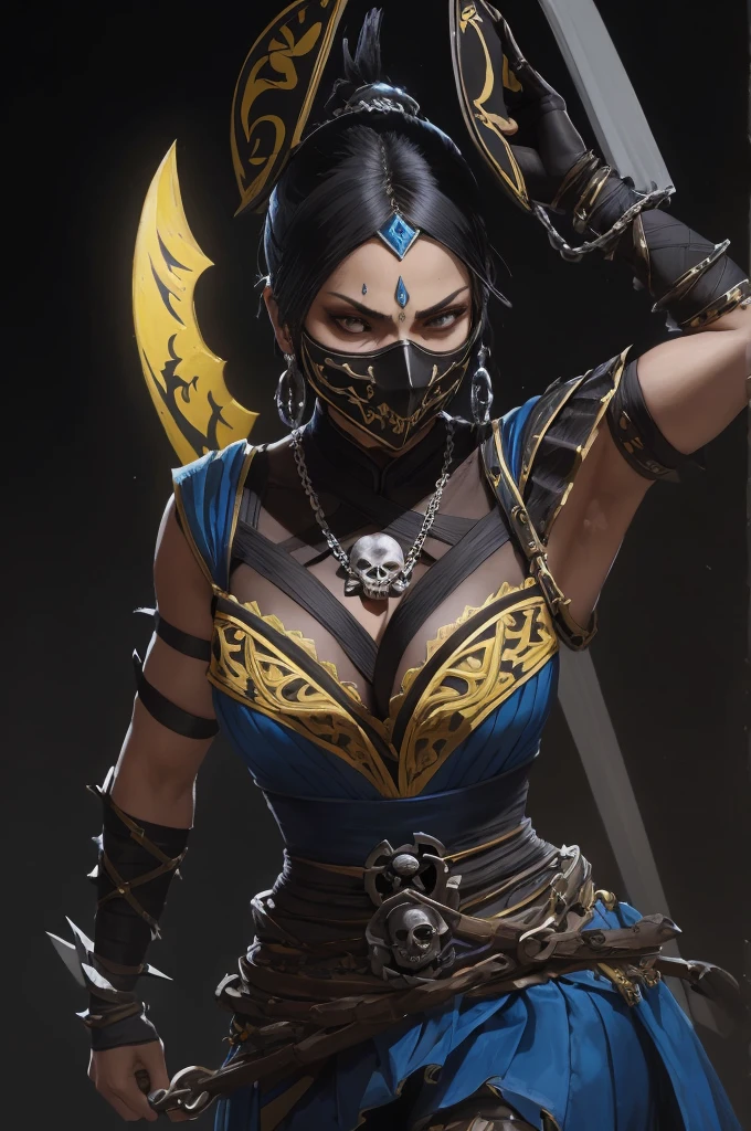 Princess Kitana from Mortal Kombat, yellow and black ninja outfit, (skull mask), kunai on a chain, intricate, high détail, sharp focus, dramatic, photorealistic painting by Greg Rutkowski