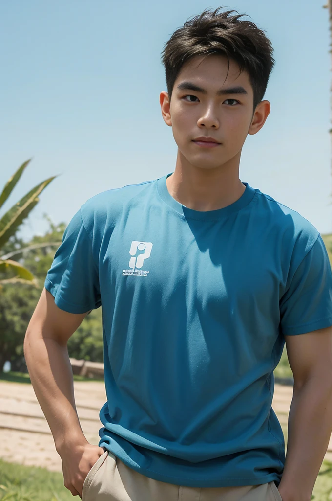 A handsome, muscular young Asian man looks at the camera. In a simple blue t-shirt , Fieldside, grass, beach, sunlight
