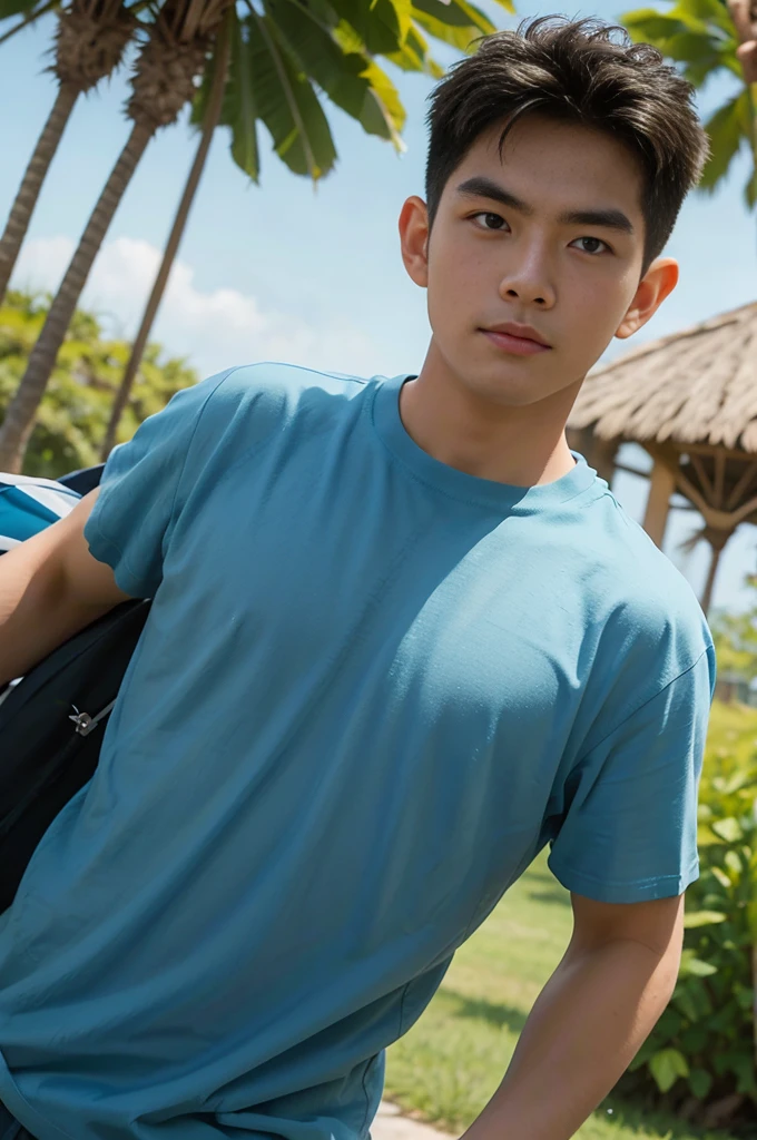 ((realistic daylight)) , Young Korean man in black sports shirt only, no pattern, denim shirt, jeans., A handsome, muscular young Asian man looks at the camera.  , in the restaurant ,turn sideways((realistic daylight)) , Young Korean man in black sports shirt only, no pattern, denim shirt, jeans., A handsome, muscular young Asian man looks at the camera.  , in the restaurant ,turn sideways, smile