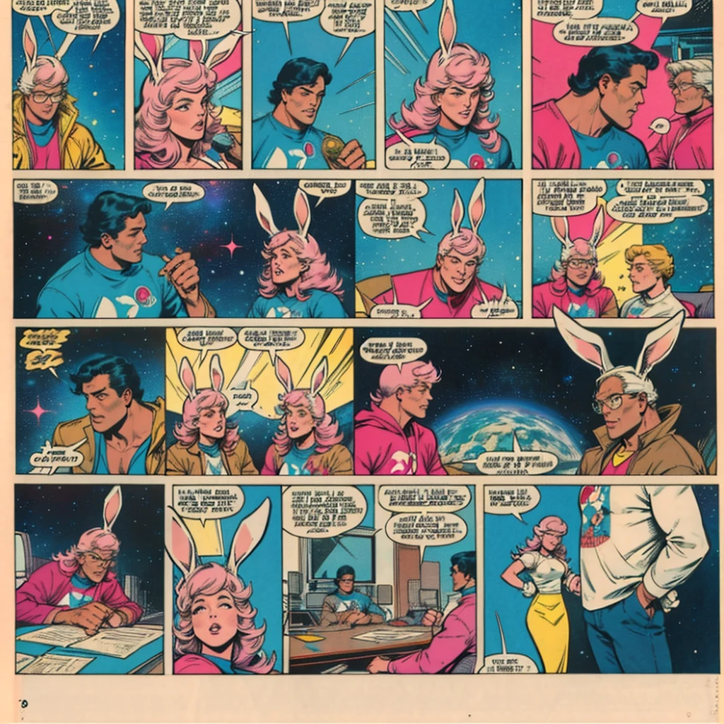 ultimate best quality,beautiful woman,speech bubble,big brest,galaxy,60s,70s,80s,colorful,cosmo,space,((rabbit)),
