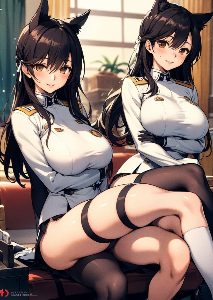 atago_\(azur_lane\),brown_eyes,long hair,animal ears,mole_under_eye,military_uniform, garter_straps, black legwear,white gloves,indoors, crossed legs,, masterpiece, best quality, big breasts,smile