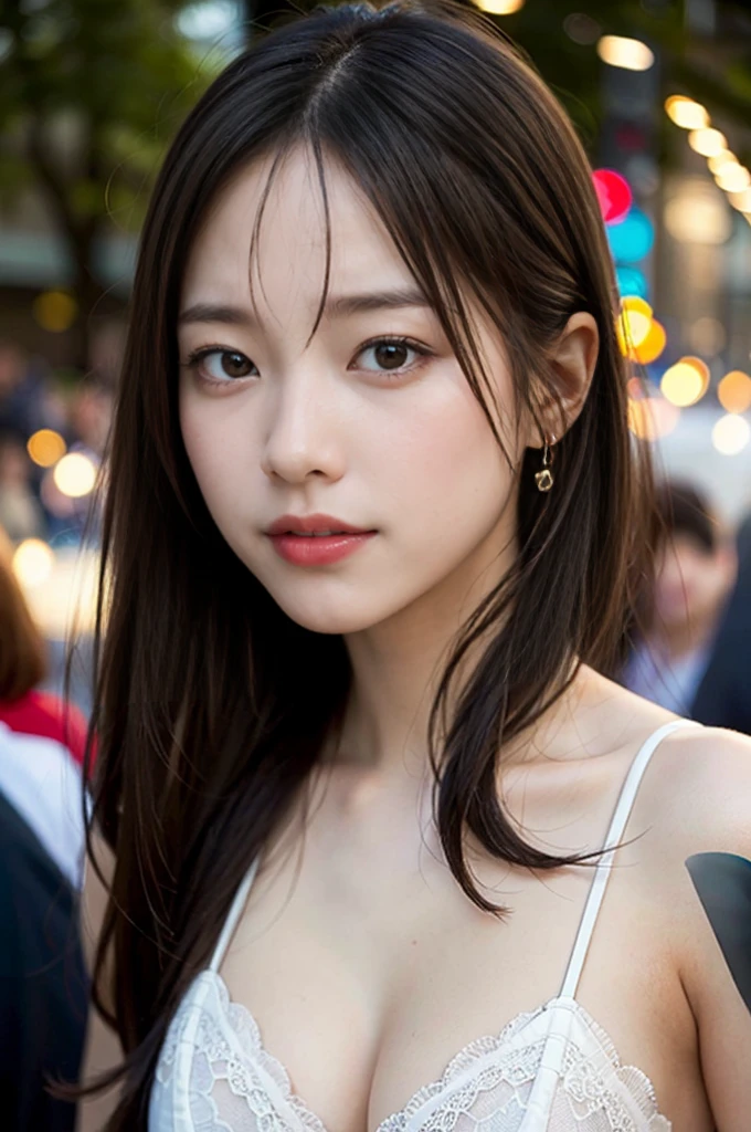 (8K、RAW Photos、Highest quality、masterpiece:1.2)、(Realistic、Realistic:1.37)、Super detailed、Ultra-high resolution、1 Girl、View your viewers、Beautifully detailed face、Laughter、narrow、(Slim waist) :1.3)、Beautiful and detailed skin、Skin Texture、Floating Hair、Professional Lighting、Human whole body、Long Hair、 white lace bikini、festival、on the road、Sparkler