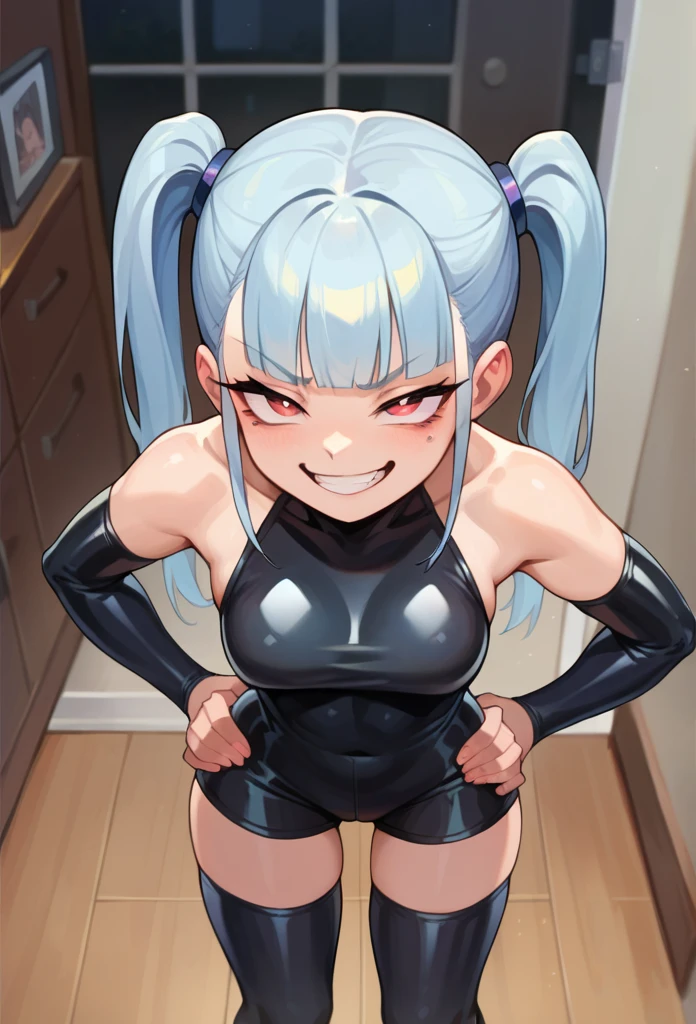 score_9, score_8_up, score_7_up, perfect face, perfect eyes, 1 girl, medium breast, blunt bangs, twintail hairstyle, smug face, hands on hips, latex clothes, latex shorts, thigh highs, exposed shoulders, in a room, solo focus, high camera angle