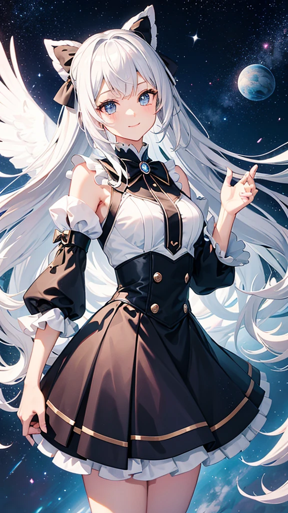 Magical girl　black and white costume　mini skirt　No sleeve　Long hair with silver hair　Ribbon in hair　smile　Great style　Directly facing　universe space