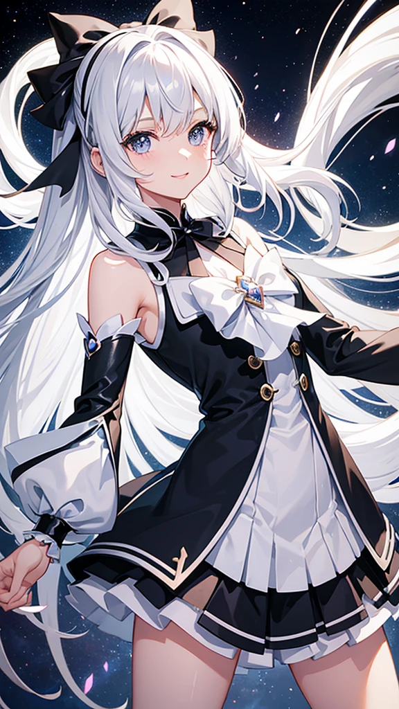 Magical girl black and white costume mini skirt No sleeve Long hair with silver hair Ribbon in hair smile Great style Directly facing universe space