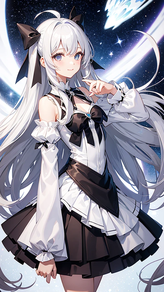 Magical girl black and white costume mini skirt No sleeve Long hair with silver hair Ribbon in hair smile Great style Directly facing universe space