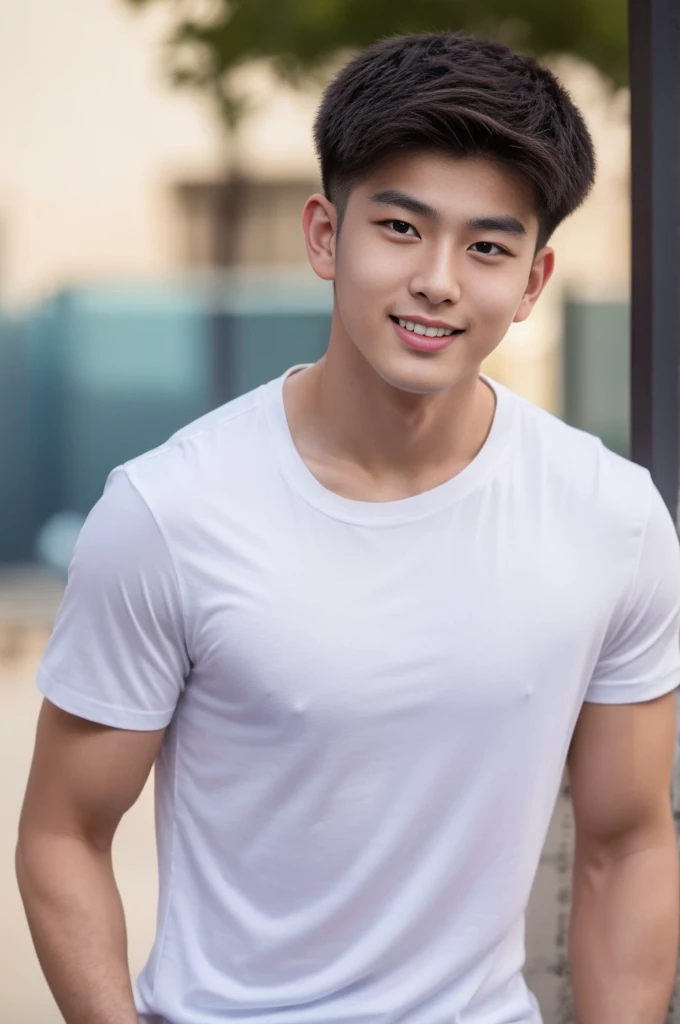 Young Korean man in a white t-shirt and jeans, close up airplane background, Detailed background, inch details, Take the whole body, Quiv haircut, Look at the camera, Detailed parts of the face, Manly, Active Boy, Freestyle moves, happy expression, perfect ???????, Symmetrical body, Asia boy 19 years old, Highly detailed, Asia, realistic, human skin, short hairstyle, handsome chad chin, handsome, Be a man, charming, human skin, (Make eye contact), handsome, charming