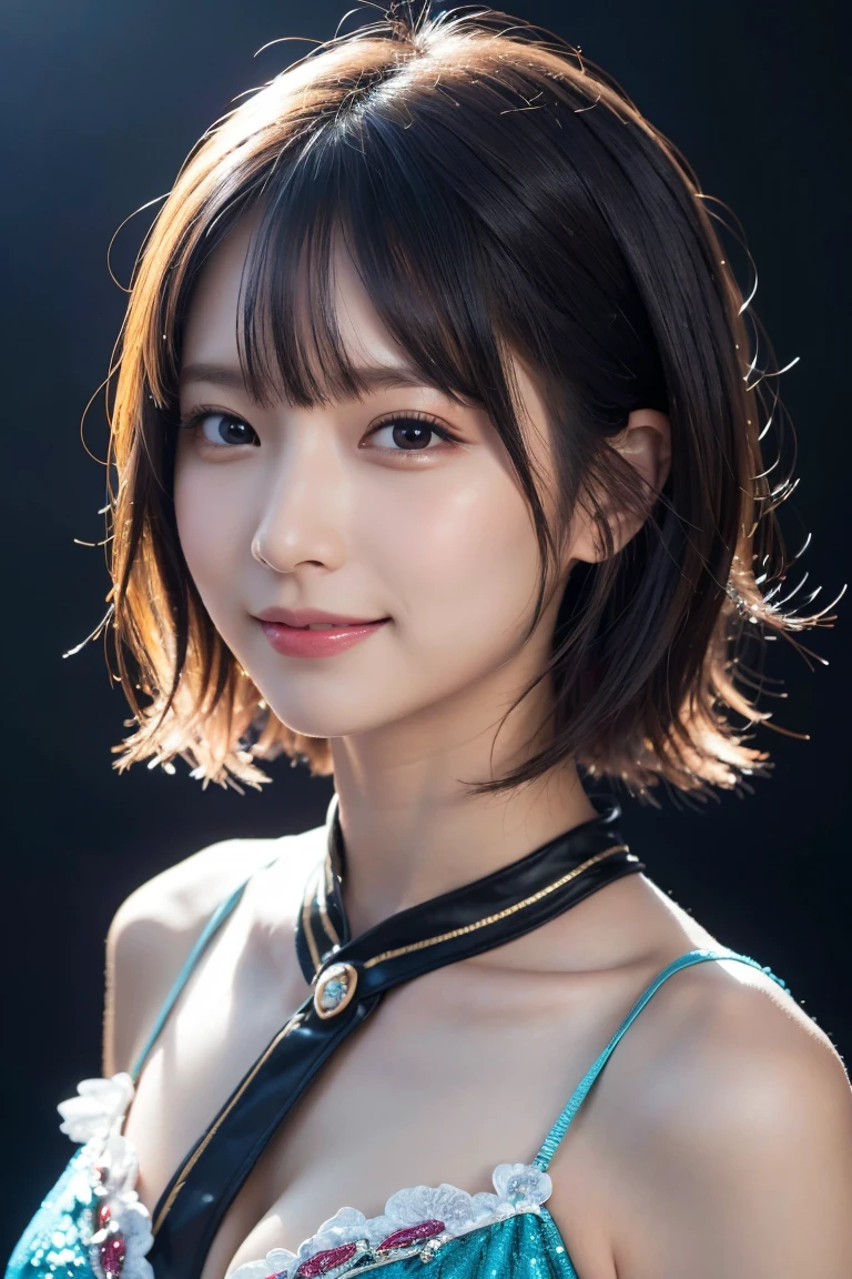 1 girl,(wearing colorful stage costume:1.2),very beautiful japanese idol portrait,close up of face,(RAW photo,best quality),(real,realistic:1.4),(masterpiece),very delicate and beautiful,very detailed,2k wallpaper,amazing,finely detailed,highly detailed CG Unity 8K wallpaper,very detailed,high resolution,soft light,beautiful detailed girl,very detailed eyes and face,beautiful refined nose,finely beautiful eyes,cinema lighting,(simple light color background:1.3),(short hair),(bob),full anatomy,slender body,small breasts,smiling,