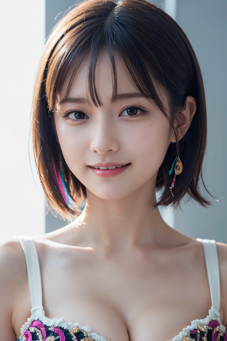 1 girl,(wearing colorful stage costume:1.2),very beautiful japanese idol portrait,close up of face,(RAW photo,best quality),(real,realistic:1.4),(masterpiece),very delicate and beautiful,very detailed,2k wallpaper,amazing,finely detailed,highly detailed CG Unity 8K wallpaper,very detailed,high resolution,soft light,beautiful detailed girl,very detailed eyes and face,beautiful refined nose,finely beautiful eyes,cinema lighting,(simple light color background:1.3),(short hair),(bob),full anatomy,slender body,small breasts,smiling,