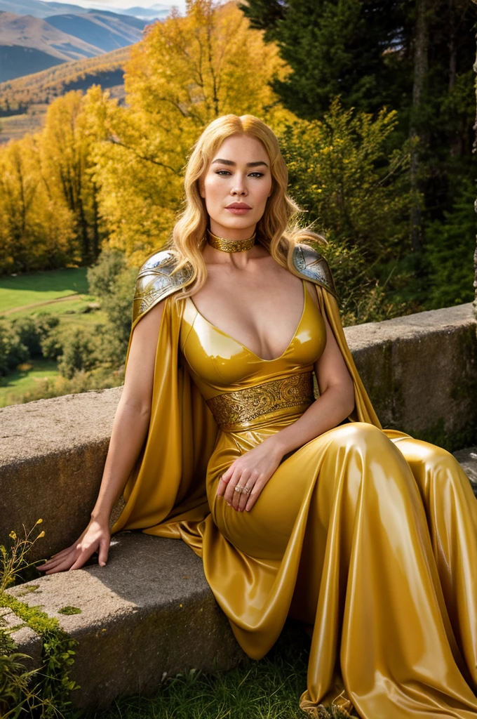 portrait of incredibly gorgeous Cersei Lannister, sci-fi fetish noblewoman, elegant latex gown, latex shawl, choker, long and silky hair, haughty, sunny mountainous outdoors