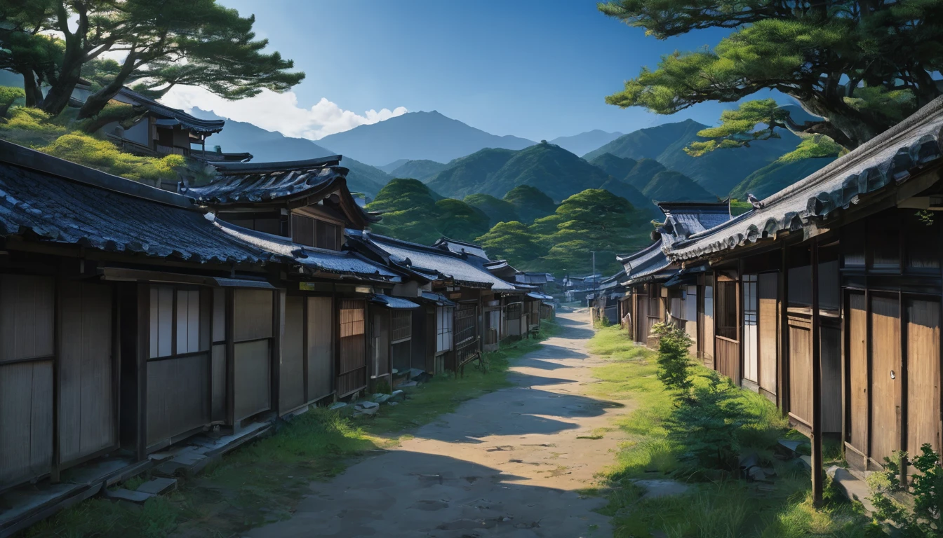 An abandoned village with the name Sugisawa Village written on it、Photorealistic、ruins、night、Tattered buildings、真っ暗なnight、Shoji screen、破れたShoji screen