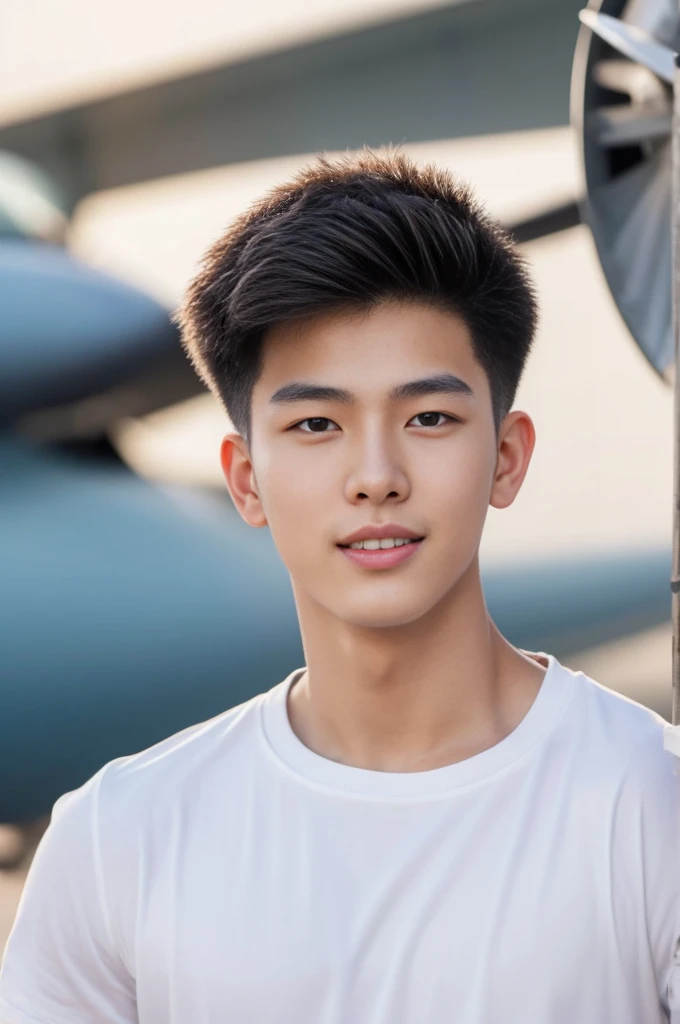Young Korean man in a white t-shirt and jeans, close up airplane background, Detailed background, inch details, Take the whole body, Quiv haircut, Look at the camera, Detailed parts of the face, Manly, Active Boy, Freestyle moves, happy expression, perfect anatomy, Symmetrical body, Asia boy 19 years old, Highly detailed, Asia, realistic, human skin, short hairstyle, handsome chad chin, handsome, Be a man, charming, human skin, (Make eye contact), handsome, charming