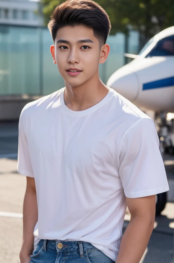 Young Korean man in a white t-shirt and jeans, close up airplane background, Detailed background, inch details, Take the whole body, Quiv haircut, Look at the camera, Detailed parts of the face, Manly, Active Boy, Freestyle moves, happy expression, perfect anatomy, Symmetrical body, Asia boy 19 years old, Highly detailed, Asia, realistic, human skin, short hairstyle, handsome chad chin, handsome, Be a man, charming, human skin, (Make eye contact), handsome, charming