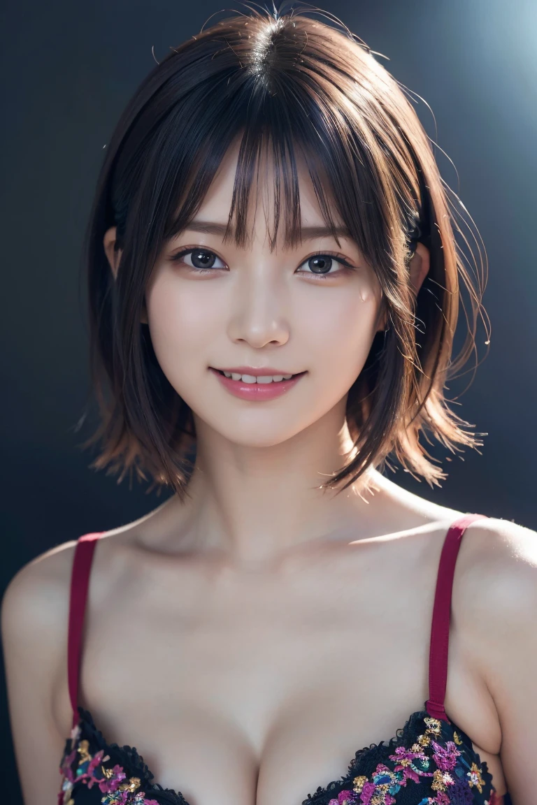 1 girl,(wearing colorful stage costume:1.2),very beautiful japanese idol portrait,close up of face,(RAW photo,best quality),(real,realistic:1.4),(masterpiece),very delicate and beautiful,very detailed,2k wallpaper,amazing,finely detailed,highly detailed CG Unity 8K wallpaper,very detailed,high resolution,soft light,beautiful detailed girl,very detailed eyes and face,beautiful refined nose,finely beautiful eyes,cinema lighting,(simple light color background:1.3),(short hair),(bob),full anatomy,slender body,small breasts,smiling,