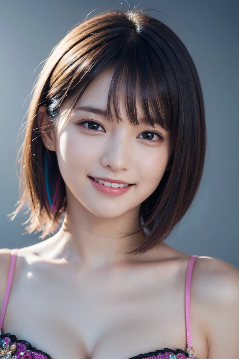 1 girl,(wearing colorful stage costume:1.2),very beautiful japanese idol portrait,close up of face,(RAW photo,best quality),(real,realistic:1.4),(masterpiece),very delicate and beautiful,very detailed,2k wallpaper,amazing,finely detailed,highly detailed CG Unity 8K wallpaper,very detailed,high resolution,soft light,beautiful detailed girl,very detailed eyes and face,beautiful refined nose,finely beautiful eyes,cinema lighting,(simple light color background:1.3),(short hair),(bob),full anatomy,slender body,small breasts,smiling,
