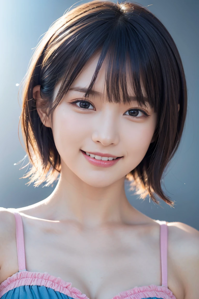 1 girl,(wearing colorful stage costume:1.2),very beautiful japanese idol portrait,close up of face,(RAW photo,best quality),(real,realistic:1.4),(masterpiece),very delicate and beautiful,very detailed,2k wallpaper,amazing,finely detailed,highly detailed CG Unity 8K wallpaper,very detailed,high resolution,soft light,beautiful detailed girl,very detailed eyes and face,beautiful refined nose,finely beautiful eyes,cinema lighting,(simple light color background:1.3),(short hair),(bob),full anatomy,slender body,small breasts,smiling,