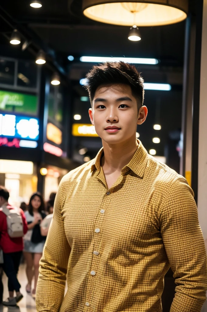 A young Asian man with large muscles looks at the camera. In a dark yellow button-up shirt. , Shopping mall, normal lighting, side