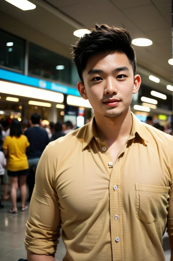 A young Asian man with large muscles looks at the camera. In a dark yellow button-up shirt. , Shopping mall, normal lighting, side