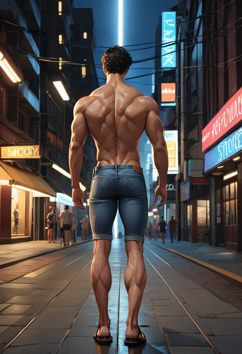 1 man walking in downtown s in hentai+ yaoi+anime style (( NAKED fullbody)) hd, 8k resolution, FULLBODY, 16k resolution, hd, fullbody, ((view from behind)) A young man, latino, cinnmon skin, thin face, straight nose, thin lips, square chin, large black eyes, short black, wavy hair, in roberto ferri style, aesthetic slim athletic body, very tall, latino, realistic skin, gorgeous, realistic detailed tonned muscles, barefoot, perfect anatomy, muscled fitness body, 195cm tall, realistic skin, skinny realistic detailed muscles , he is NAKED, walking wearing blue jeans and sandals, relaxed body lenguaje, relaxed face expresion. ((side view, storbe lighting, Leading Lines composition )) background steanpunk downtown, in the night