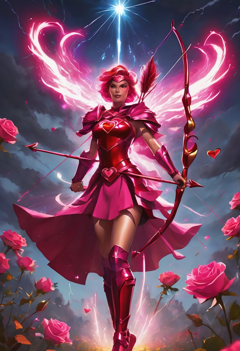 A superhero dressed in shades of red and pink, with a heart-shaped emblem on their chest. They wield a bow and arrow made of pure light, aiming at a dark sky filled with storm clouds. Sparks of energy trail behind the arrows, and the ground beneath them blooms with roses as they stand poised to strike