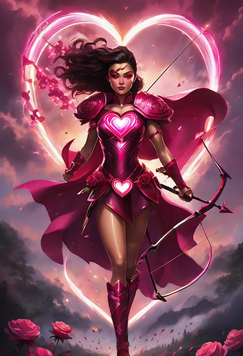 A superhero dressed in shades of red and pink, with a heart-shaped emblem on their chest. They wield a bow and arrow made of pure light, aiming at a dark sky filled with storm clouds. Sparks of energy trail behind the arrows, and the ground beneath them blooms with roses as they stand poised to strike
