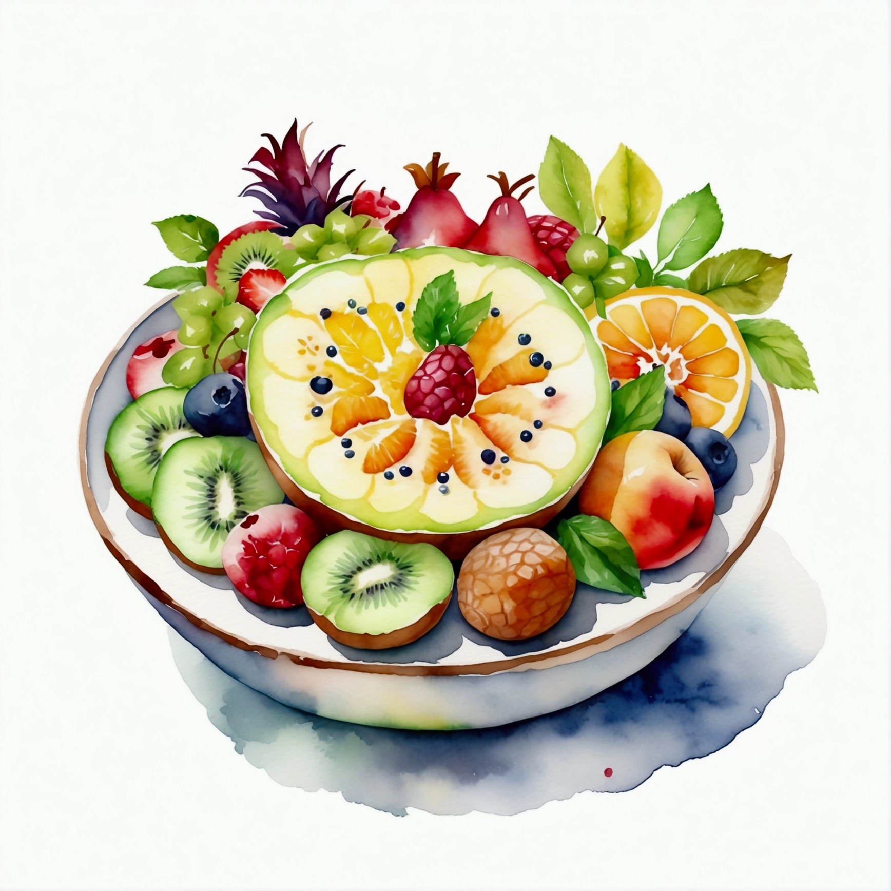 a very clean image painting of a clay bowl of many delicious creamy fruits salad ((watercolor)), solid white background, center composition, negative space around the object, washed out color, detailed masterpiece, loose drawing, clipart, vector art, illustration