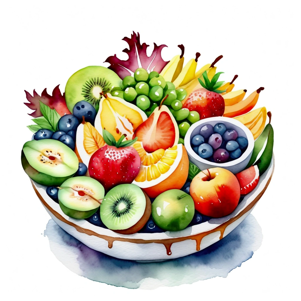 a very clean image painting of a clay bowl of many delicious creamy fruits salad ((watercolor)), solid white background, center composition, negative space around the object, washed out color, detailed masterpiece, loose drawing, clipart, vector art, illustration