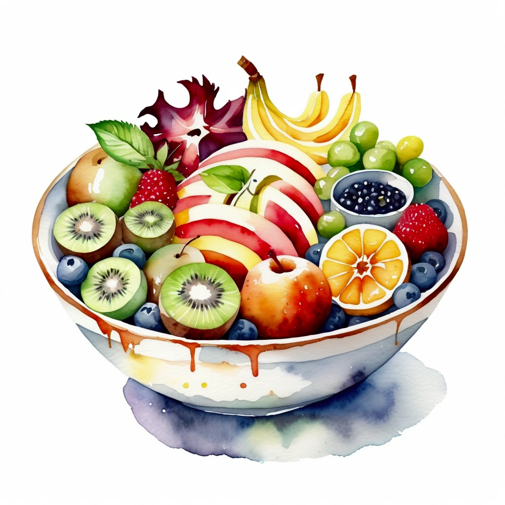a very clean image painting of a clay bowl of many delicious creamy fruits salad ((watercolor)), solid white background, center composition, negative space around the object, washed out color, detailed masterpiece, loose drawing, clipart, vector art, illustration