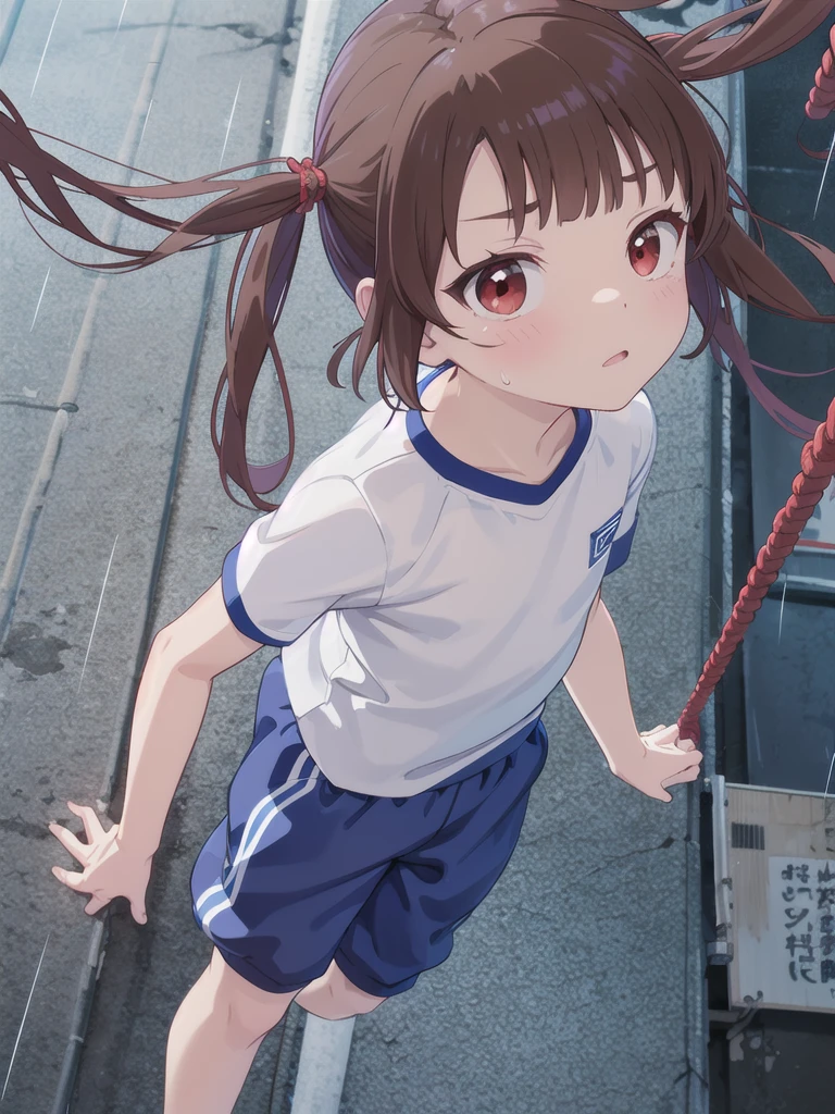 Outdoor,night,rain,Rope climbing to the roof,Has a large brown rope,cling,White gym clothes,Red eyes,Long twin tails,Brown Hair,Eyebrows visible through hair,Flat Chest,Looking Up,A view from above,face focus,