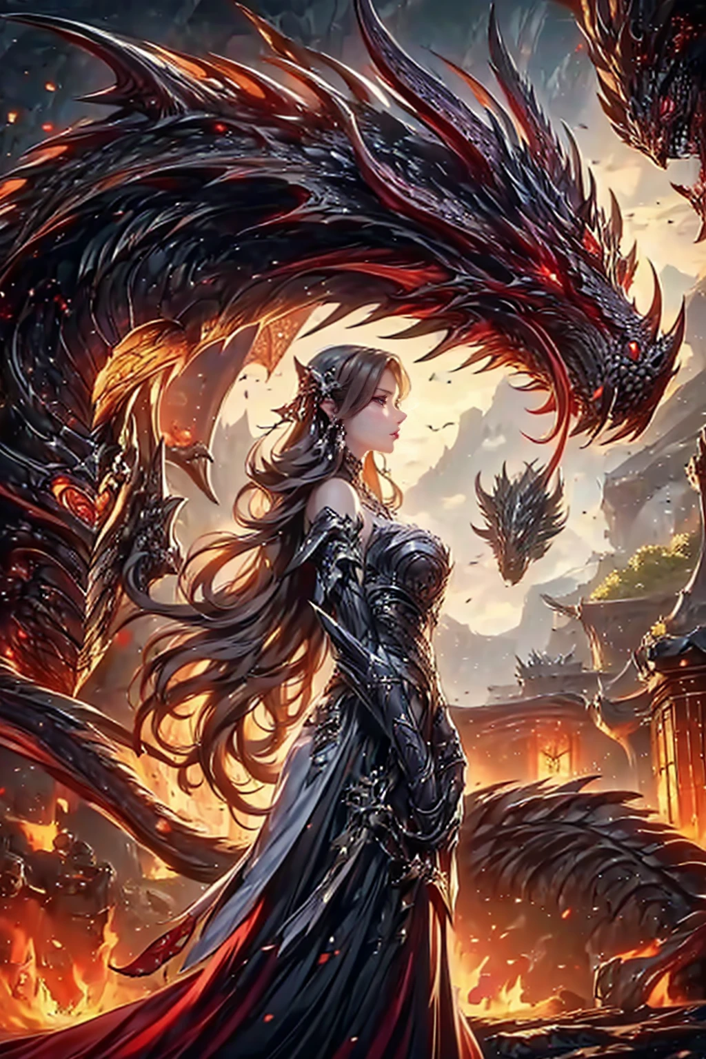 1girl and 1dragon,dragon,she holding sword,she is warrior,knight