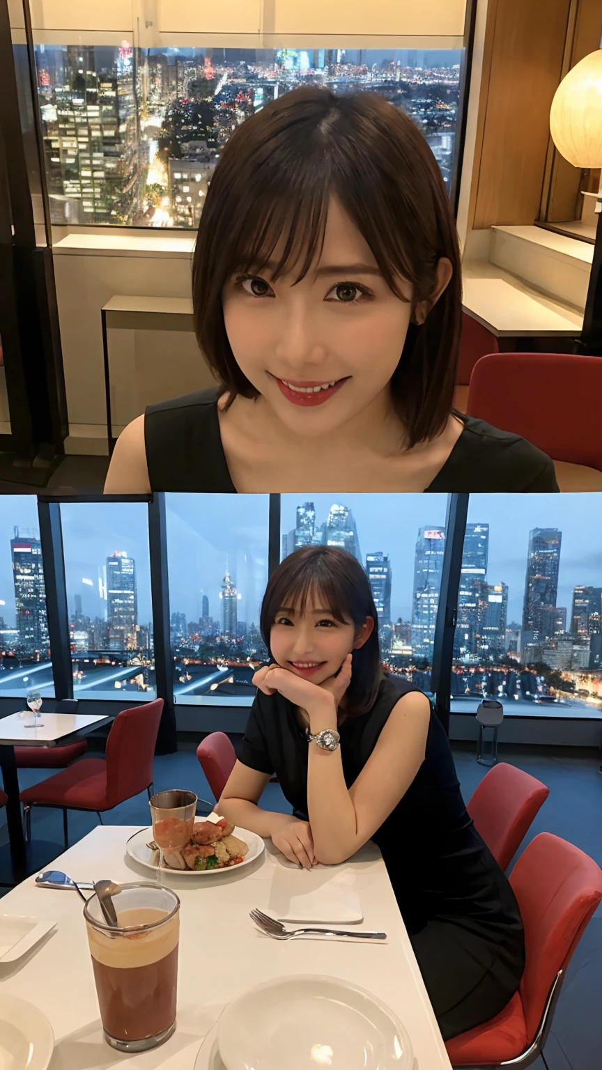 highest quality, masterpiece, 8K, ultra high resolution, (realistic: 1.4), beautiful face, symmetrical eyes, Japanese, 20 years old, brown hair, smile, wearing makeup, high-definition images, atmospheric perspective, super detail, accurate, best quality, (angle from under the table),  Japanese , (2 girls:1.7), drooping eyes, sleepy face, blush, in the city, busy, skyscrapers, skirt, high heels, necklace, white blouse , restaurant with large windows, takes a seat,  night scene, windows have harbor view, foods, romantic dinner 