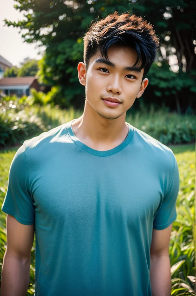 A handsome, muscular young Asian man looks at the camera. In a simple blue t-shirt , Fieldside, grass, beach, sunlight
