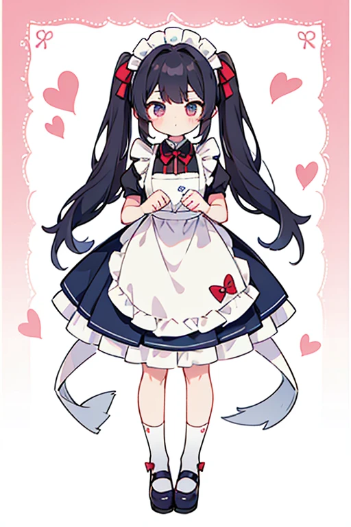 One adult woman,hair_Navy Blue,Twin tails,big tail,apron,Classic Maid_red,long,eye_pink,socks_white,pumps_black,clear,Elegant,red面