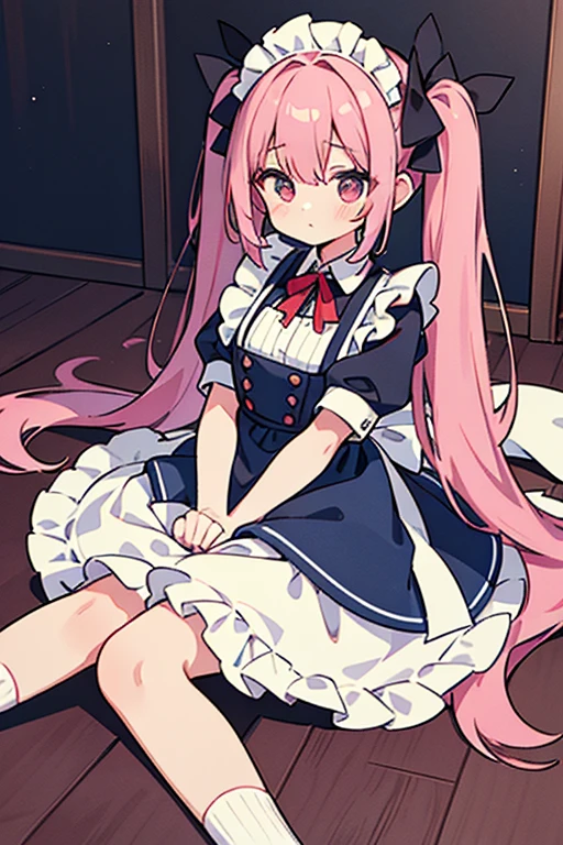 One adult woman,hair_Navy Blue,Twin tails,big tail,apron,Classic Maid_red,long,eye_pink,socks_white,pumps_black,clear,Elegant,red面