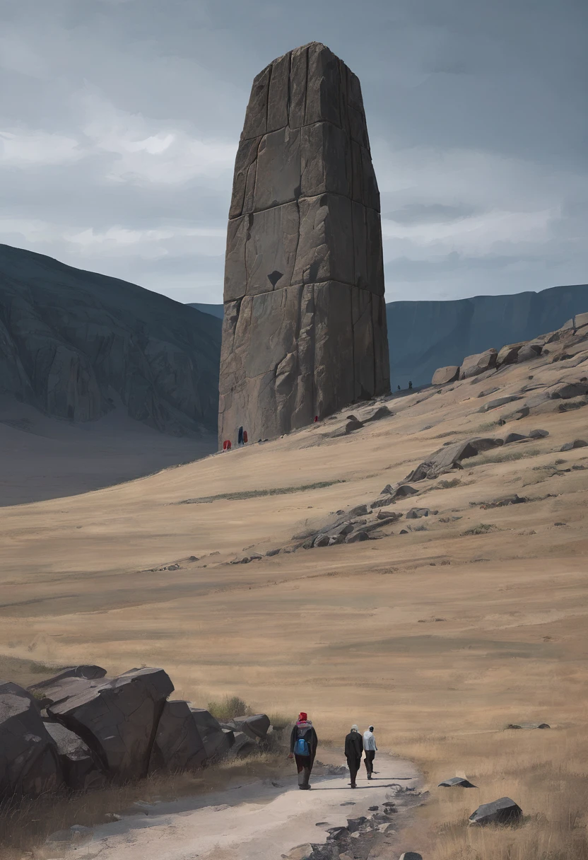 A huge vertical sacred stone in a minimalist landscape，A few pilgrims below