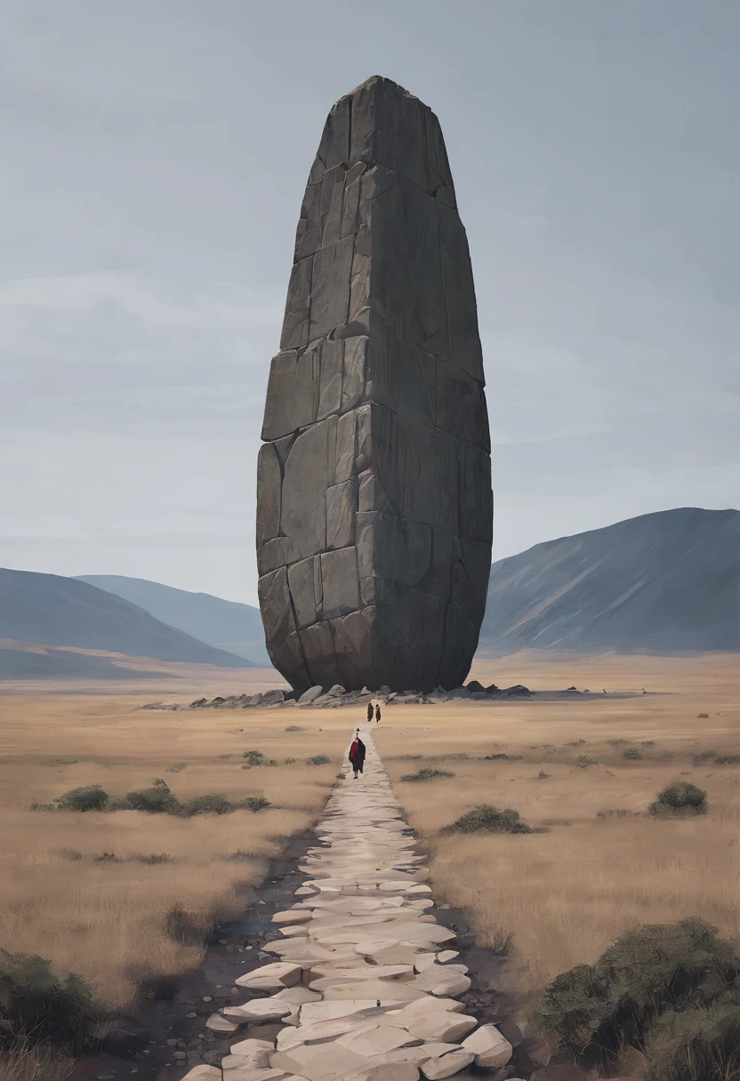 A huge vertical sacred stone in a minimalist landscape，A few pilgrims below