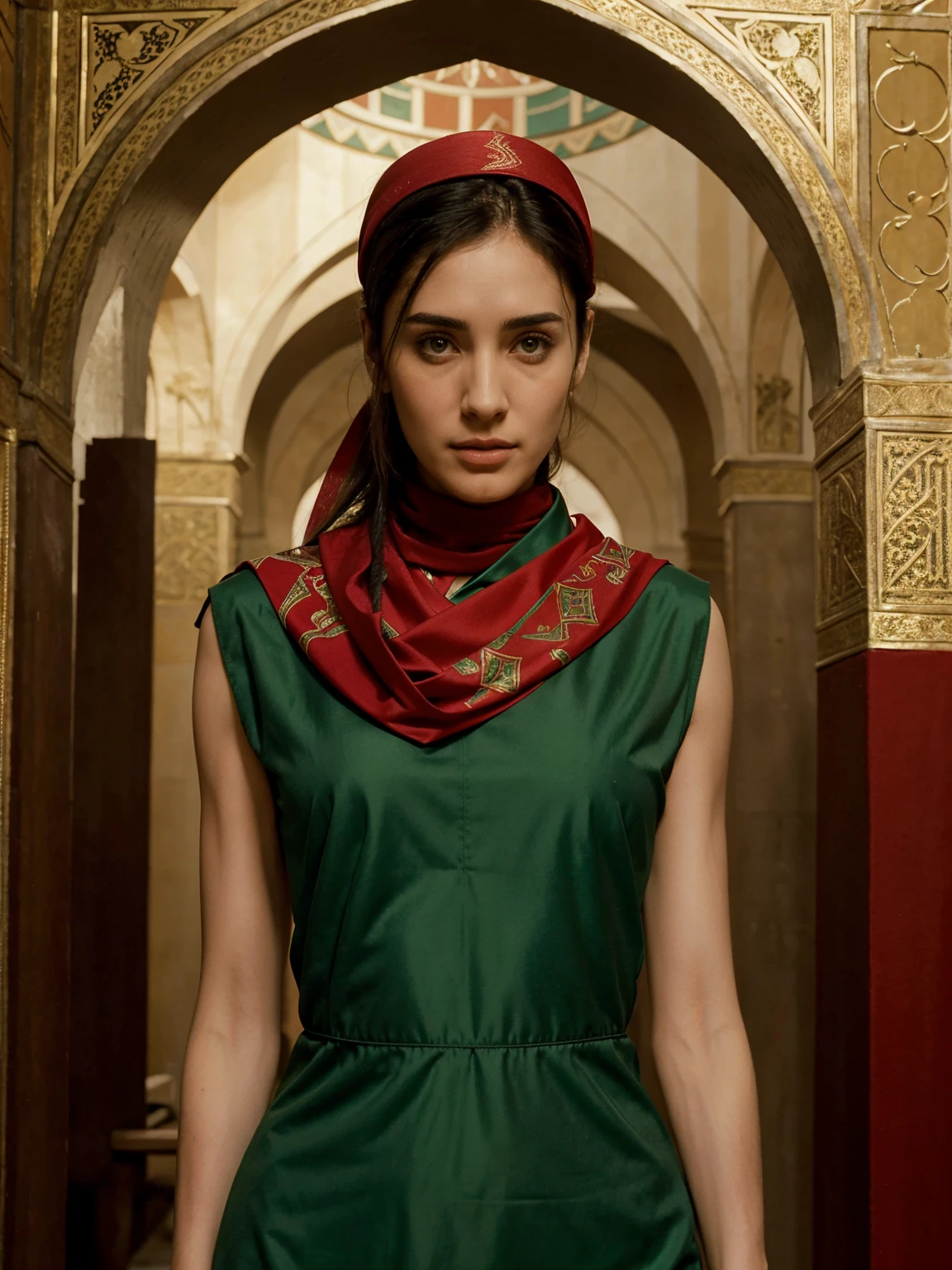 Very thin skinny tall pretty skinny lebanese jennifer connelly, 23 years old, skinny, tall, bust-level portrait photo, red and green foulard on head. Islamic art background, standing right in front,