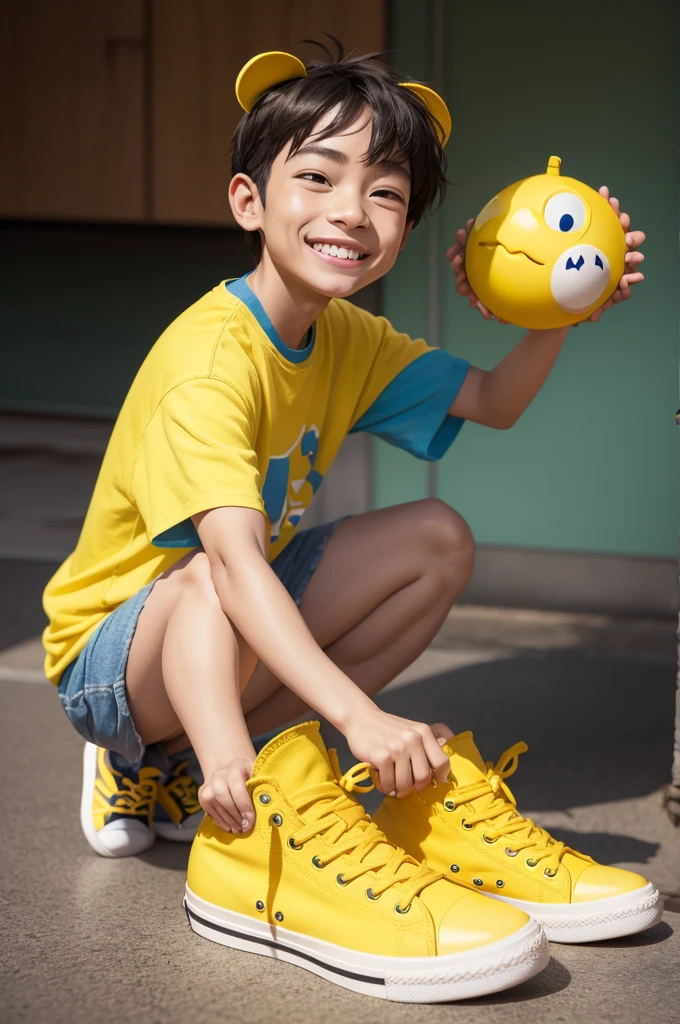 Mwnino character from the funny mind,3D disney pixar style with short hair with a smile on his face, yellow all-star sneakers