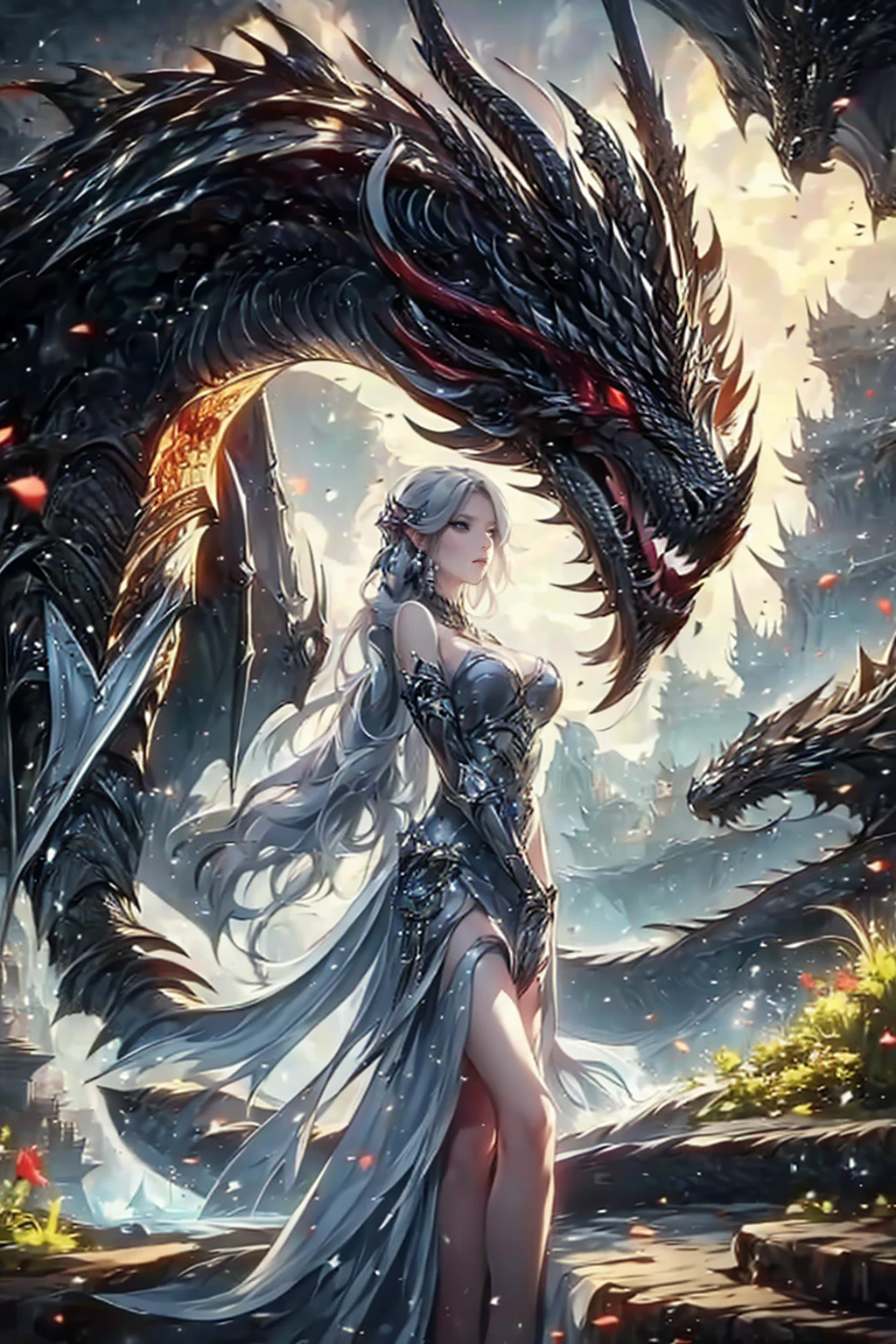 1girl and 1dragon,dragon,she holding sword,she is warrior,knight