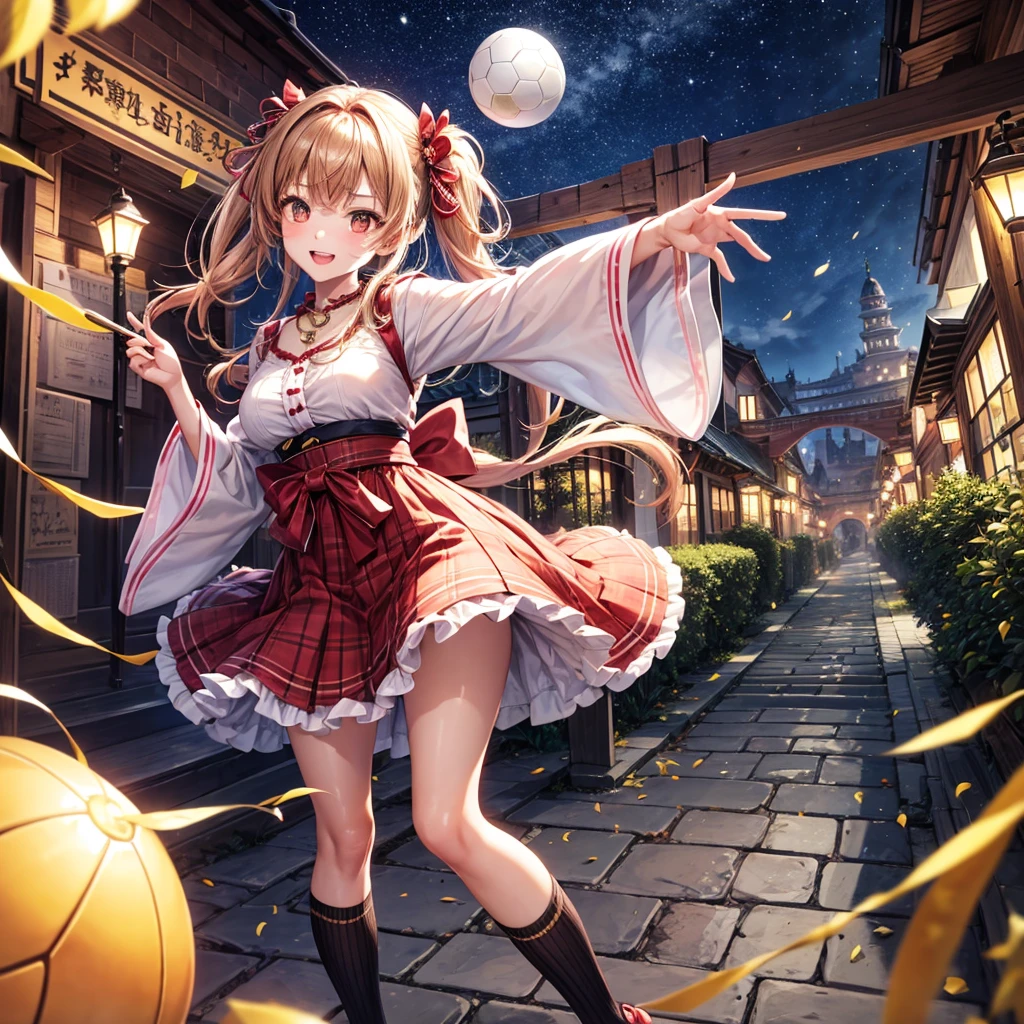 Pink, red, brown, gold, gold hair、Red gold eyes、Hair tied up、One good looking girl、solo、anime、Checkered mini skirt、Ruffles on the skirt、Checked dress、blouse、Kimono、Black knee-high socks、Ribbon、Ribbon on waist、Teeth are visible、Sparkly Necklace、From above、Cobblestones、waterfall、Starry Sky、Midnight Moon、suspension bridge、beam、Standing still、Transparent、Dragon flying、goddess、Edo、Confetti、Kicking a ball、Ancient City