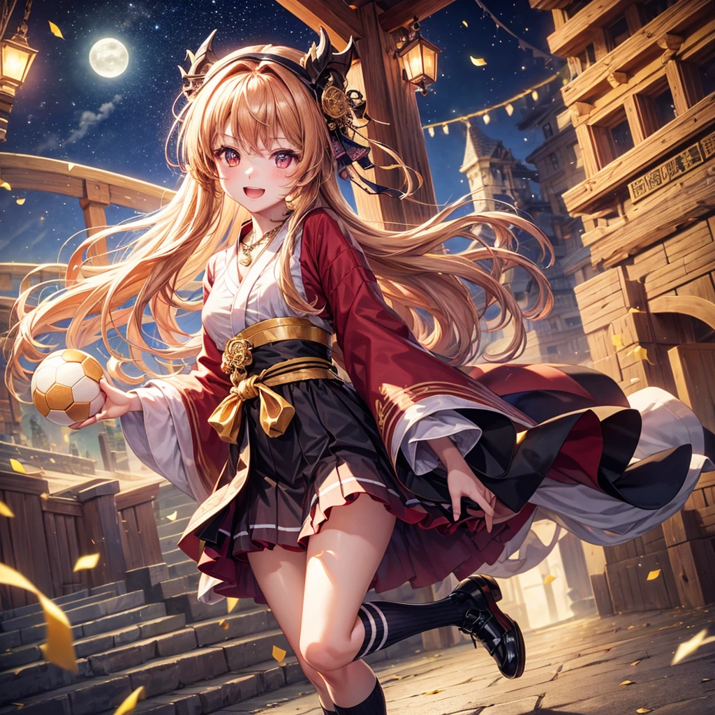 Pink, red, brown, gold, gold hair、Red gold eyes、Hair tied up、One good looking girl、solo、anime、Checkered mini skirt、Ruffles on the skirt、Checked dress、blouse、Kimono、Black knee-high socks、Ribbon、Ribbon on waist、Teeth are visible、Sparkly Necklace、From above、Cobblestones、waterfall、Starry Sky、Midnight Moon、suspension bridge、beam、Standing still、Transparent、Dragon flying、goddess、Edo、Confetti、Kicking a ball、Ancient City