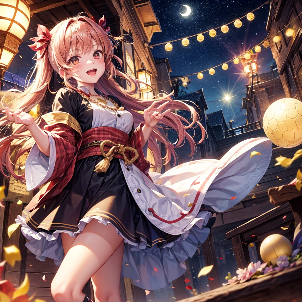 Pink, red, brown, gold, gold hair、Red gold eyes、Hair tied up、One good looking girl、solo、anime、Checkered mini skirt、Ruffles on the skirt、Checked dress、blouse、Kimono、Black knee-high socks、Ribbon、Ribbon on waist、Teeth are visible、Sparkly Necklace、From above、Cobblestones、waterfall、Starry Sky、Midnight Moon、suspension bridge、beam、Standing still、Transparent、Dragon flying、goddess、Edo、Confetti、Kicking a ball、Ancient City