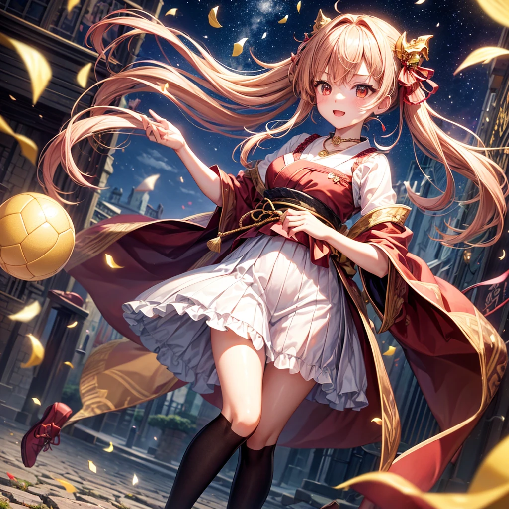 Pink, red, brown, gold, gold hair、Red gold eyes、Hair tied up、One good looking girl、solo、anime、Checkered mini skirt、Ruffles on the skirt、Checked dress、blouse、Kimono、Black knee-high socks、Ribbon、Ribbon on waist、Teeth are visible、Sparkly Necklace、From above、Cobblestones、waterfall、Starry Sky、Midnight Moon、suspension bridge、beam、Standing still、Transparent、Dragon flying、goddess、Edo、Confetti、Kicking a ball、Ancient City