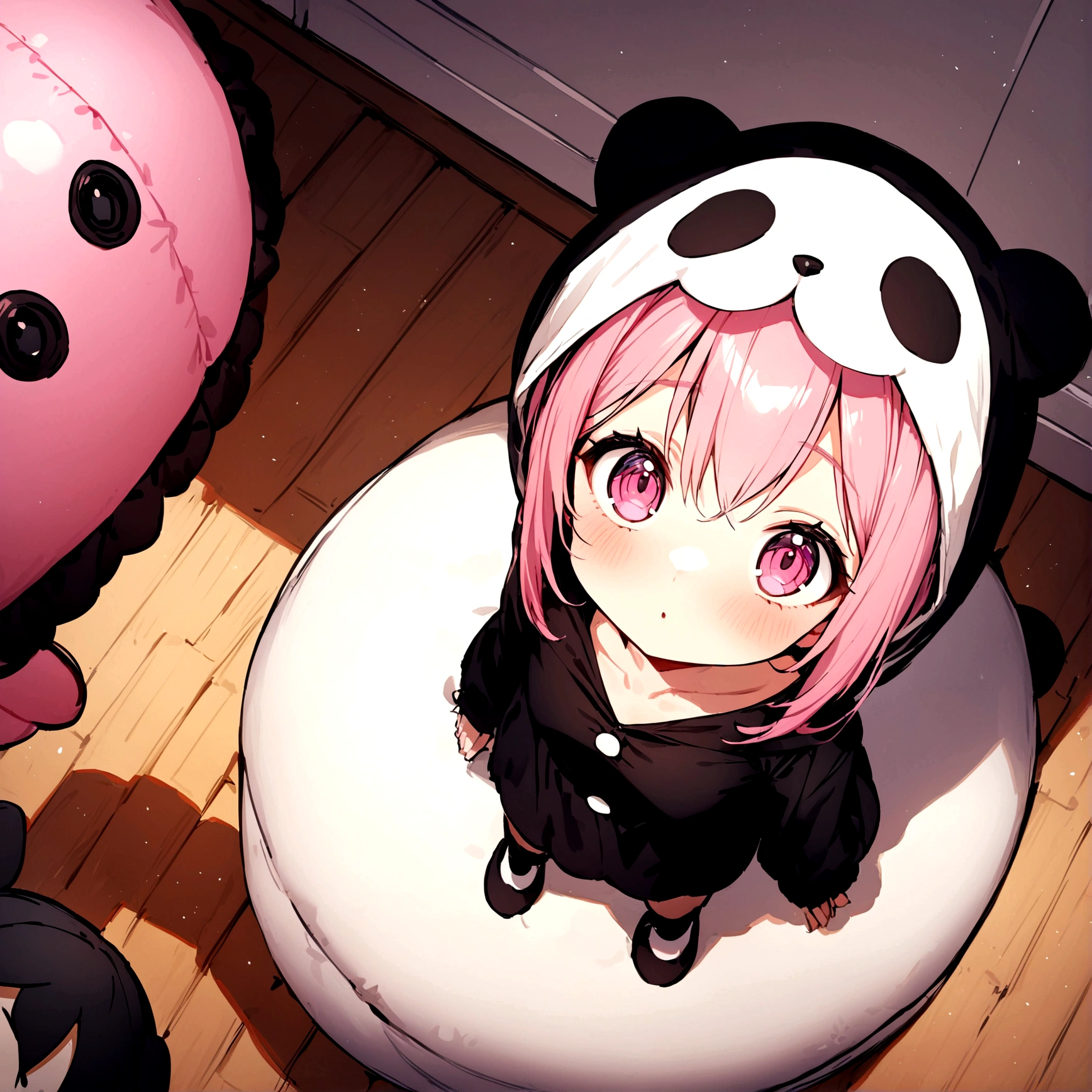 masterpiece, Highest quality,One Girl,Pink Hair,Pink Eyes,Very detailed,a bit,Panda Ten-Eyed Costume,Looking up at the audience,stuffed toy ,UFO catcher seen from above, Character Doll,