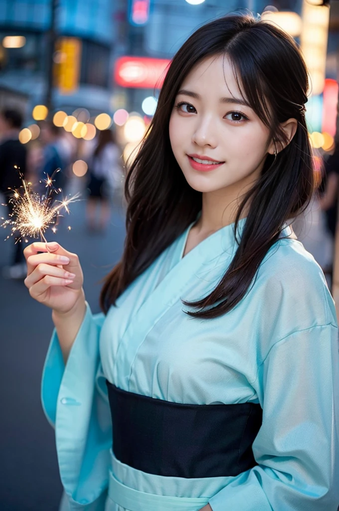 (8k、Raw photo、highest quality、masterpiece:1.2)、(Realistic、Photorealistic:1.37)、Ultra-detailed、超A high resolution、1 girl、Seeing the viewer、Beautifully detailed face、Laughter、narrow、(Slim waist) :1.3)、Beautifully detailed skin、Skin Texture、Floating Hair、Professional Lighting、Human whole body、Long Hair、 Floral Yukata、festival、On the street、Sparkler