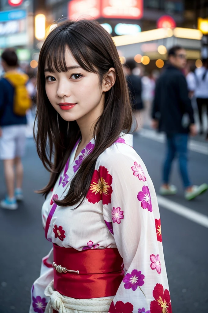 (8k、Raw photo、highest quality、masterpiece:1.2)、(Realistic、Photorealistic:1.37)、Ultra-detailed、超A high resolution、1 girl、Seeing the viewer、Beautifully detailed face、Laughter、narrow、(Slim waist) :1.3)、Beautifully detailed skin、Skin Texture、Floating Hair、Professional Lighting、Human whole body、Long Hair、 Floral Yukata、festival、On the street、Sparkler