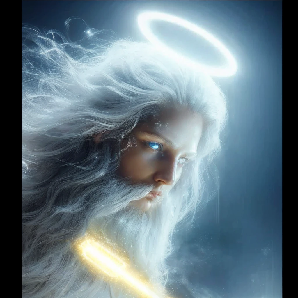 Very real image. A being of light God, his face is full of peace, tenderness, light radiates from his blue eyes. Photorealism, full view, highly detailed image, very realistic, hyperrealism, Ultra HD, 8k, 5, sharp focus, intricate and mysterious masterpiece. (Long exposure photography Artistic illustration close-up portrait very detailed: final quality, medium shot, backlight, Rich and striking. Enigmatic and mysterious manipulations (composition of the rule of thirds), ((detailed environment with strong lines) The best quality, in camera, white light, warm and clean aesthetics, dazzling screen composed of millions of brilliant ultraviolet rays, HDR.