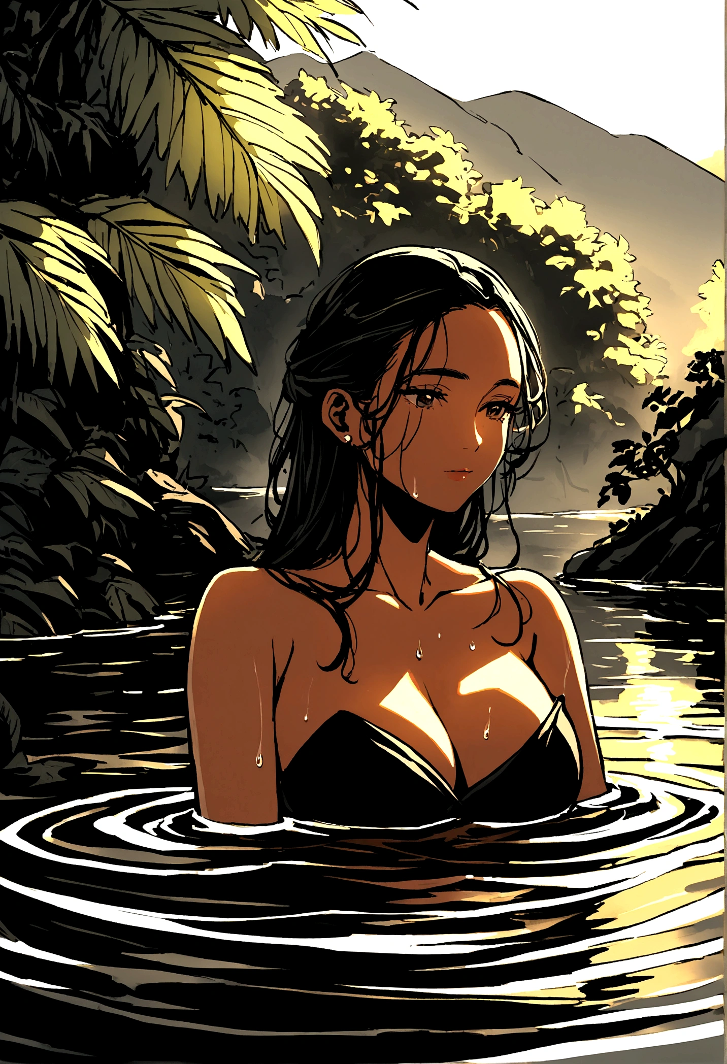a long black silky haired latinese woman is taking a bath in the river