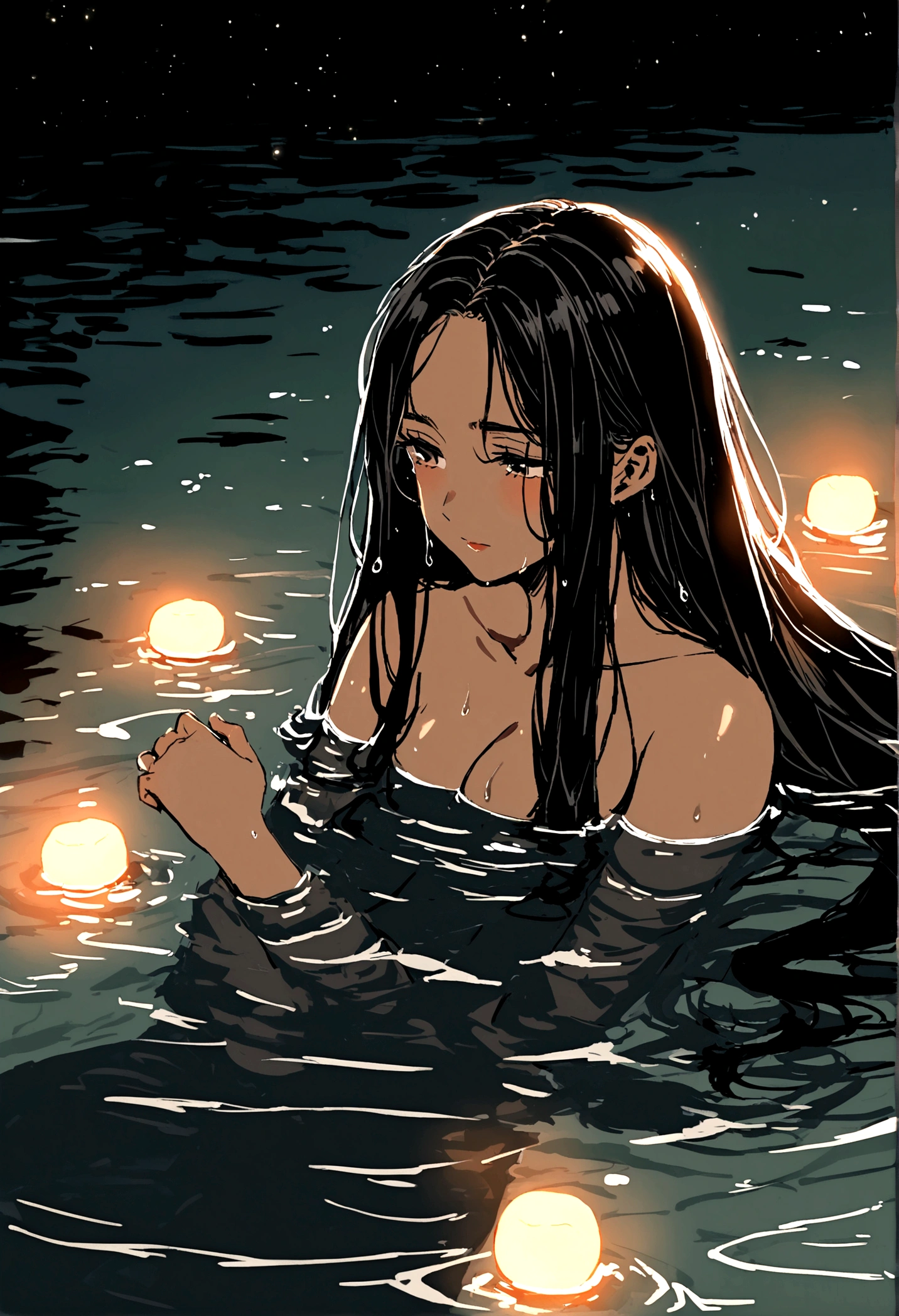 a long black silky haired latinese woman is taking a bath in the river